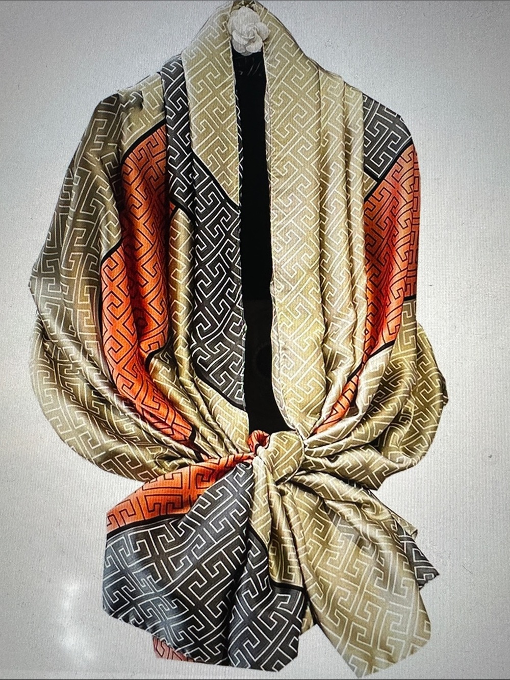 Geometric Print Silk Scarf Wrap - Orange, Olive & Black